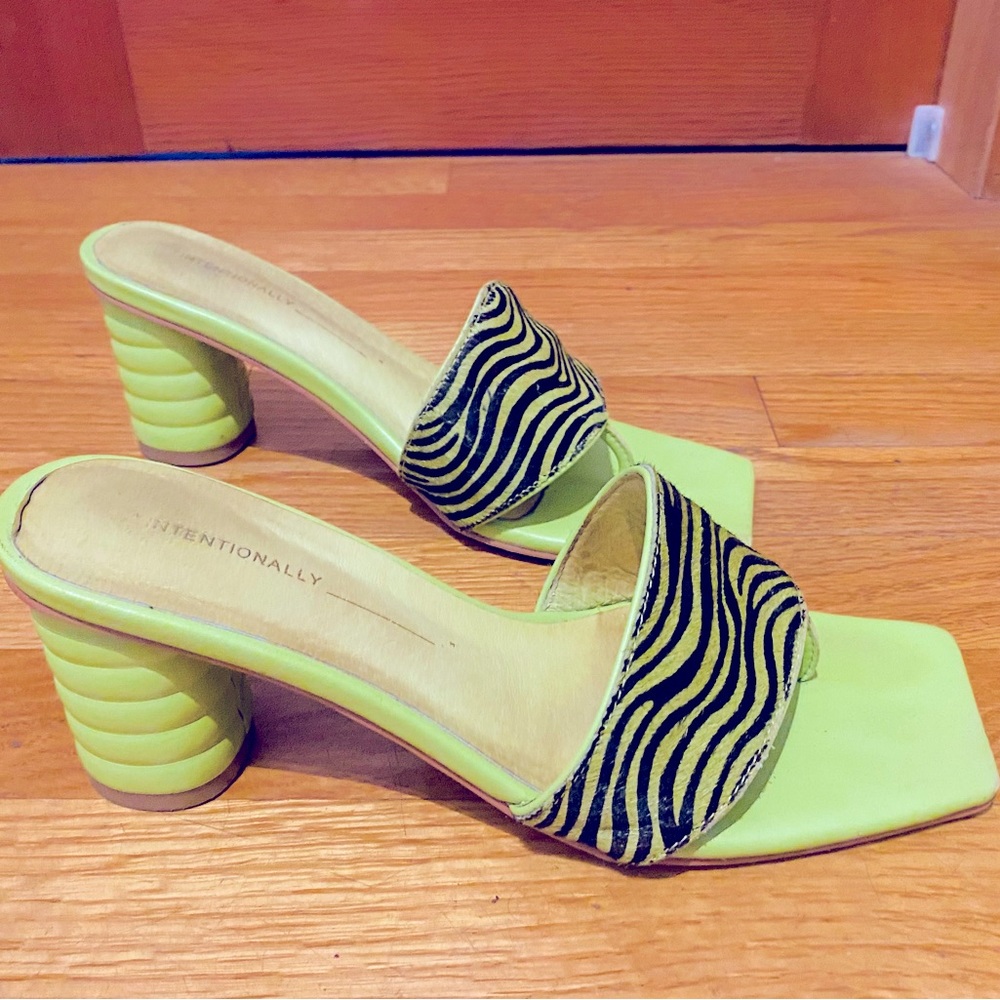 Lime green printed calf hair, Intentionally Blank, slides
